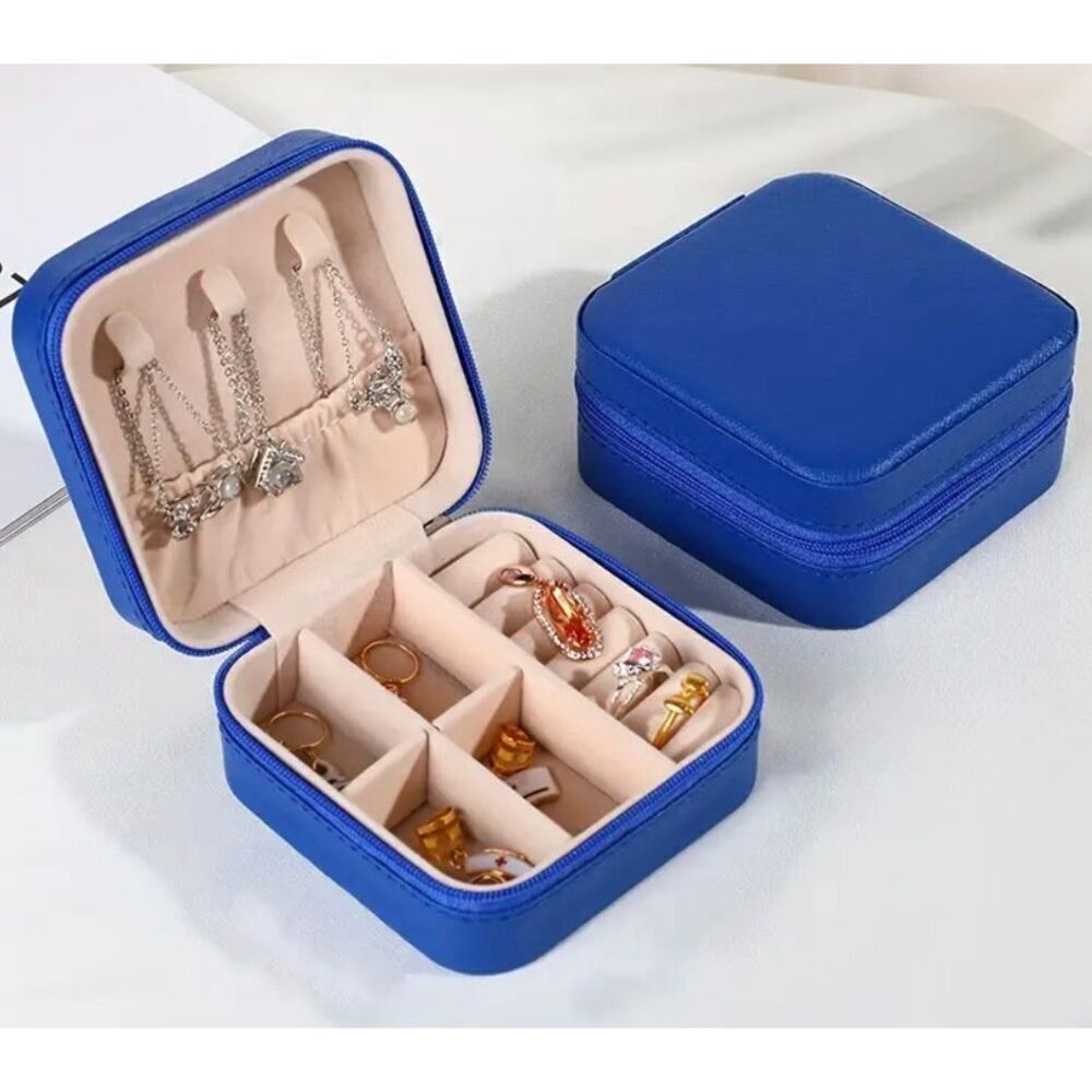 NWT Jewelry Box Case Blue Pu Leather Jewelry Organizer Earrings Bracelets Rings